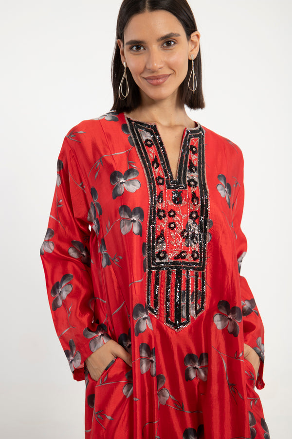 Nadia Silk Red Hand Embroidered Dress