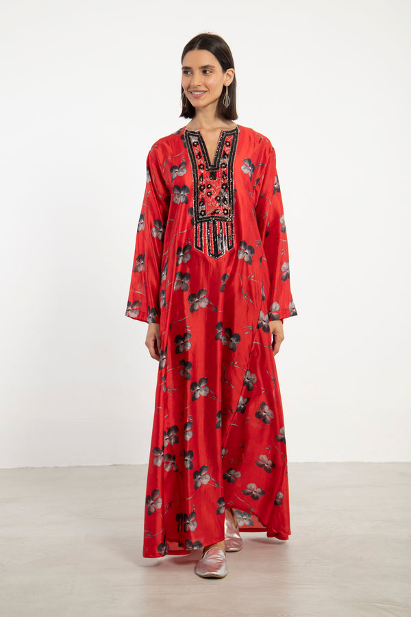Nadia Silk Red Hand Embroidered Dress