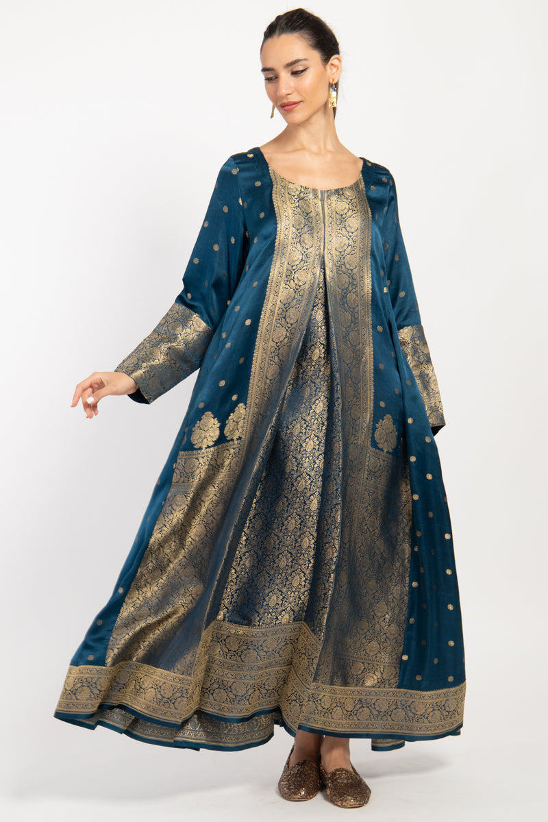 One-of-a-Kind Souraya Silk Brocade Teal & Gold Dress