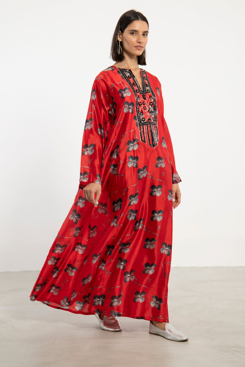 Nadia Silk Red Hand Embroidered Dress