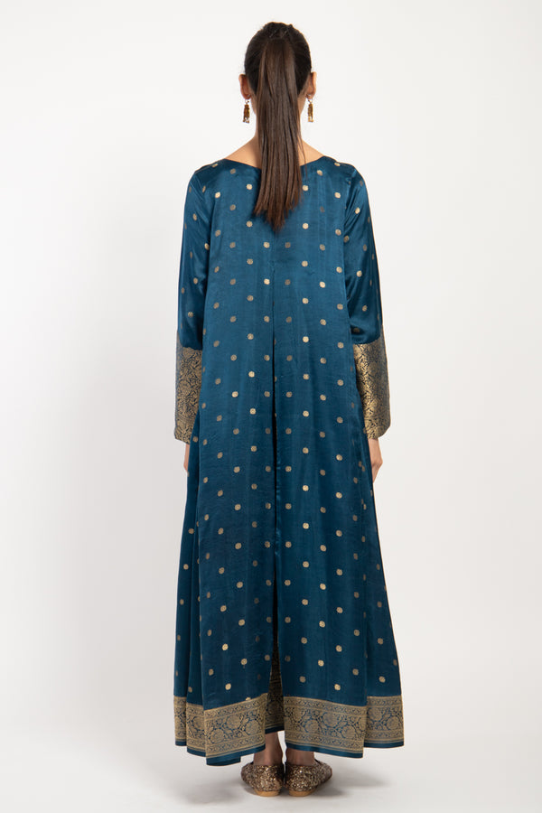 One-of-a-Kind Souraya Silk Brocade Teal & Gold Dress