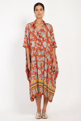 Edith Cotton Brick Orange Floral Kaftan