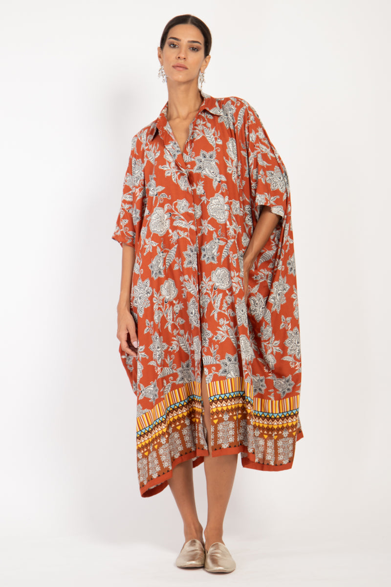 Edith Cotton Brick Orange Floral Kaftan