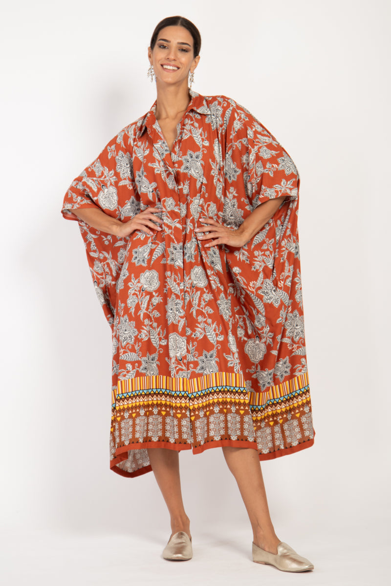 Edith Cotton Brick Orange Floral Kaftan