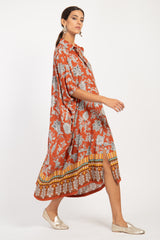 Edith Cotton Brick Orange Floral Kaftan