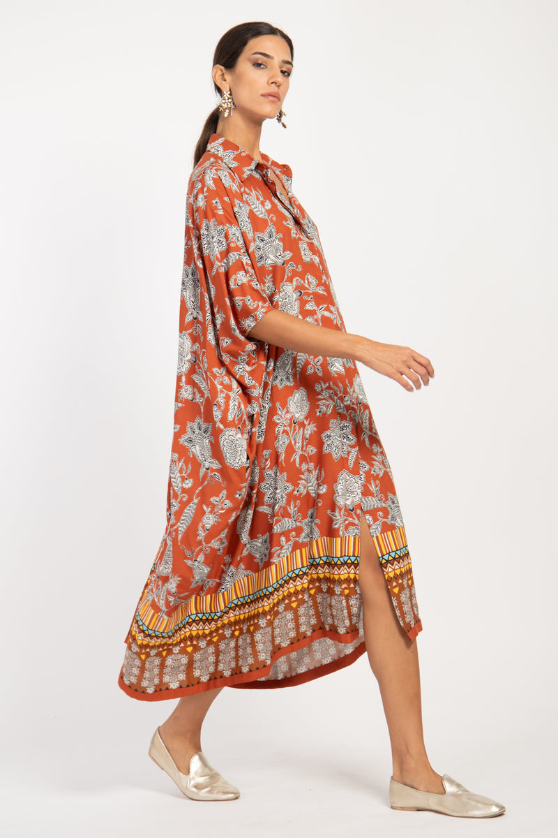 Edith Cotton Brick Orange Floral Kaftan