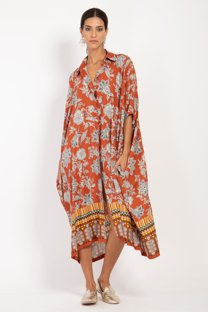 Edith Cotton Brick Orange Floral Kaftan