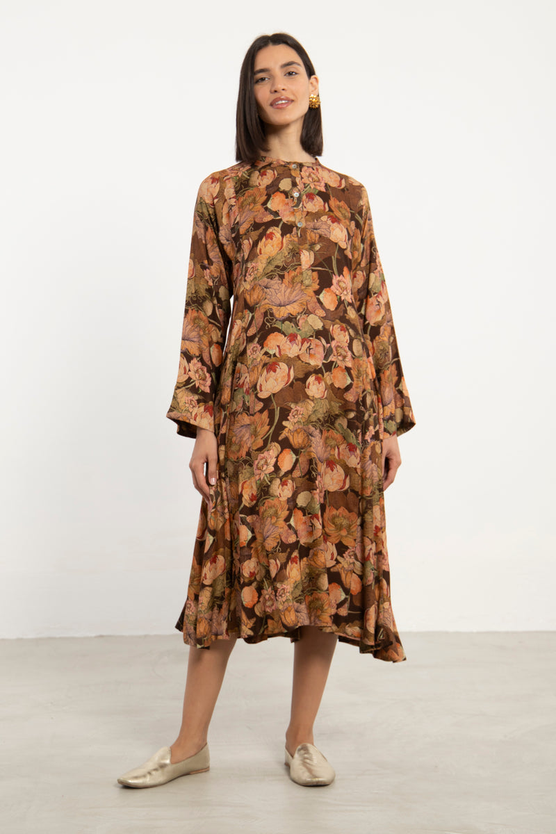 Nusayba Twill Crepe Floral Brown Dress