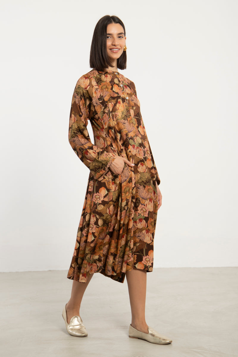 Nusayba Twill Crepe Floral Brown Dress