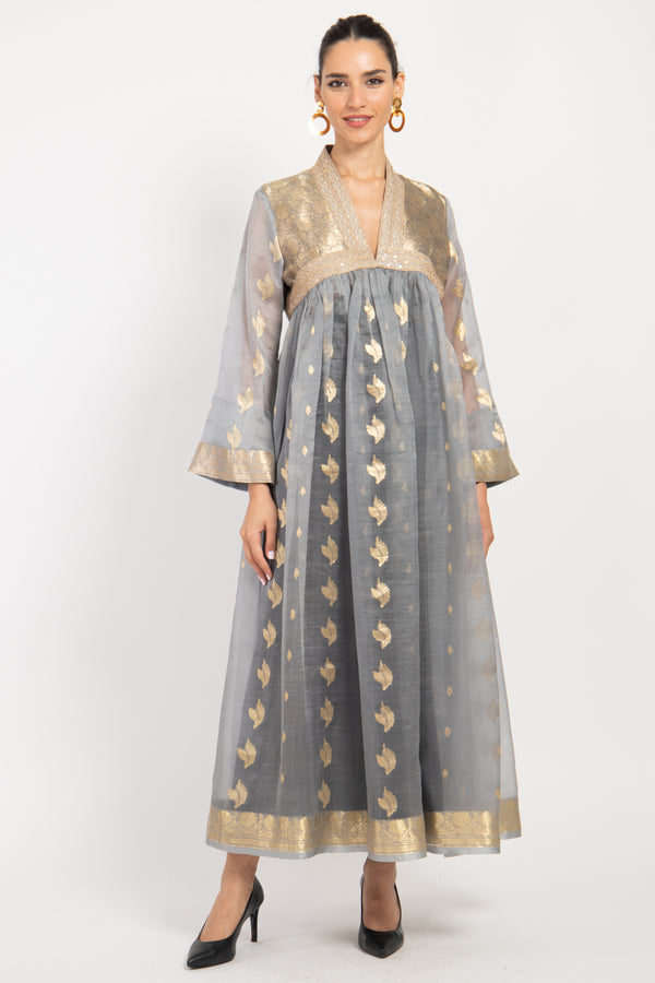 Aliaa Silk Organza Grey & Gold Dress