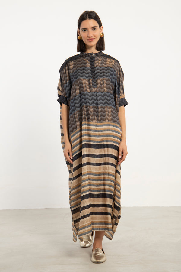 Helen Silk Zigzag Beige & Navy Dress