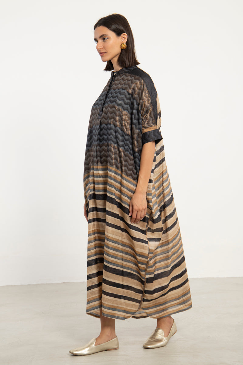 Helen Silk Zigzag Beige & Navy Dress