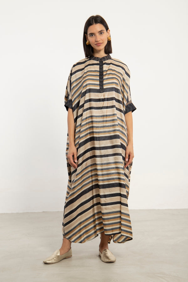 Helen Silk Striped Beige Dress
