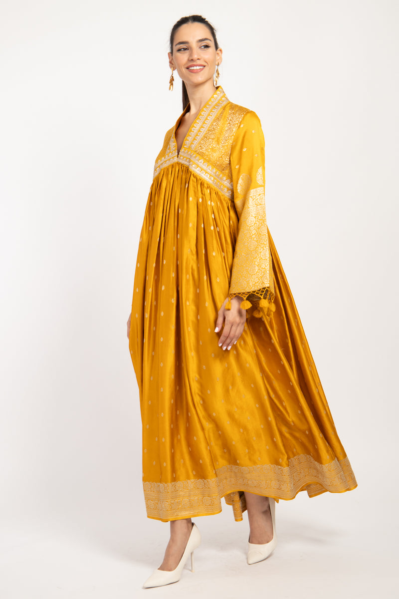 Aliaa Silk Yellow Pompom Dress