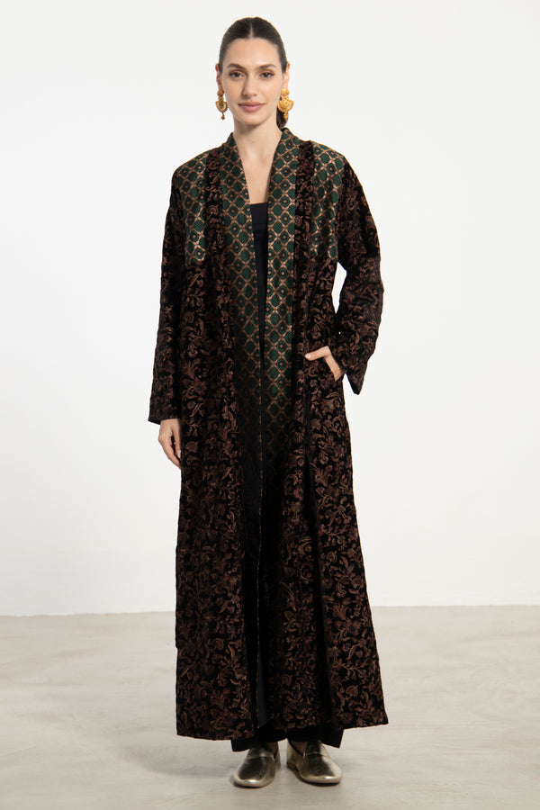 Rim Embroidered Velvet & Silk Brocade Abaya