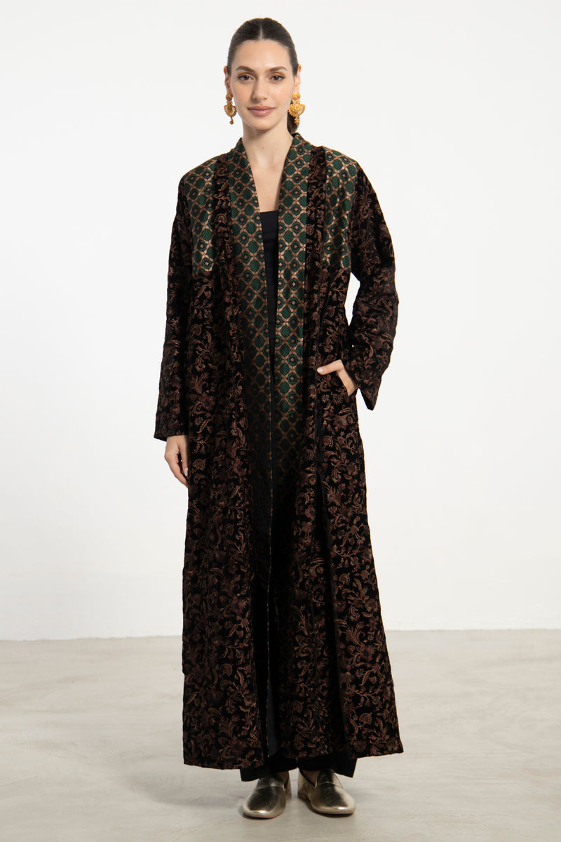 Rim Embroidered Velvet & Silk Brocade Abaya