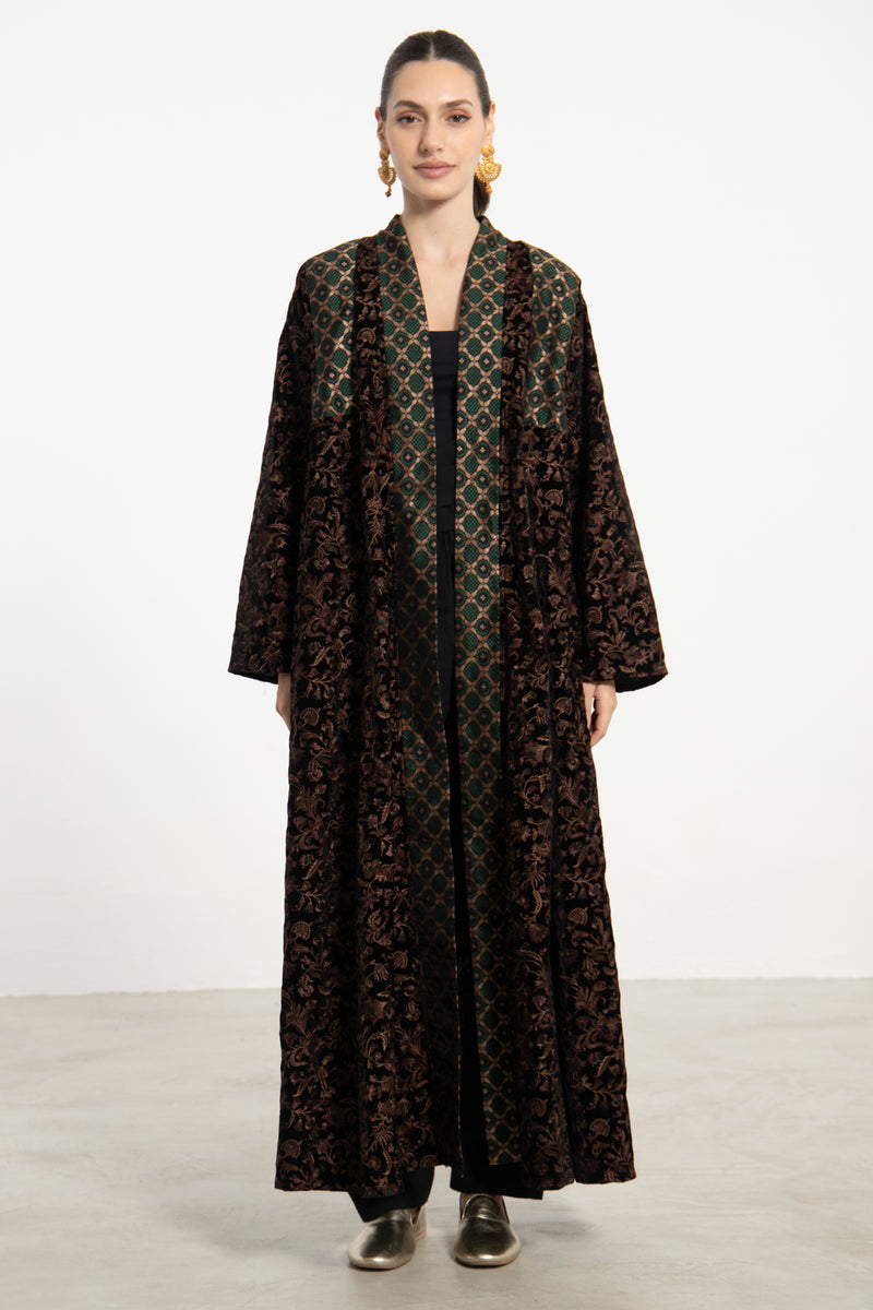 Rim Embroidered Velvet & Silk Brocade Abaya