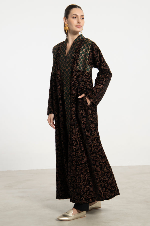 Rim Embroidered Velvet & Silk Brocade Abaya