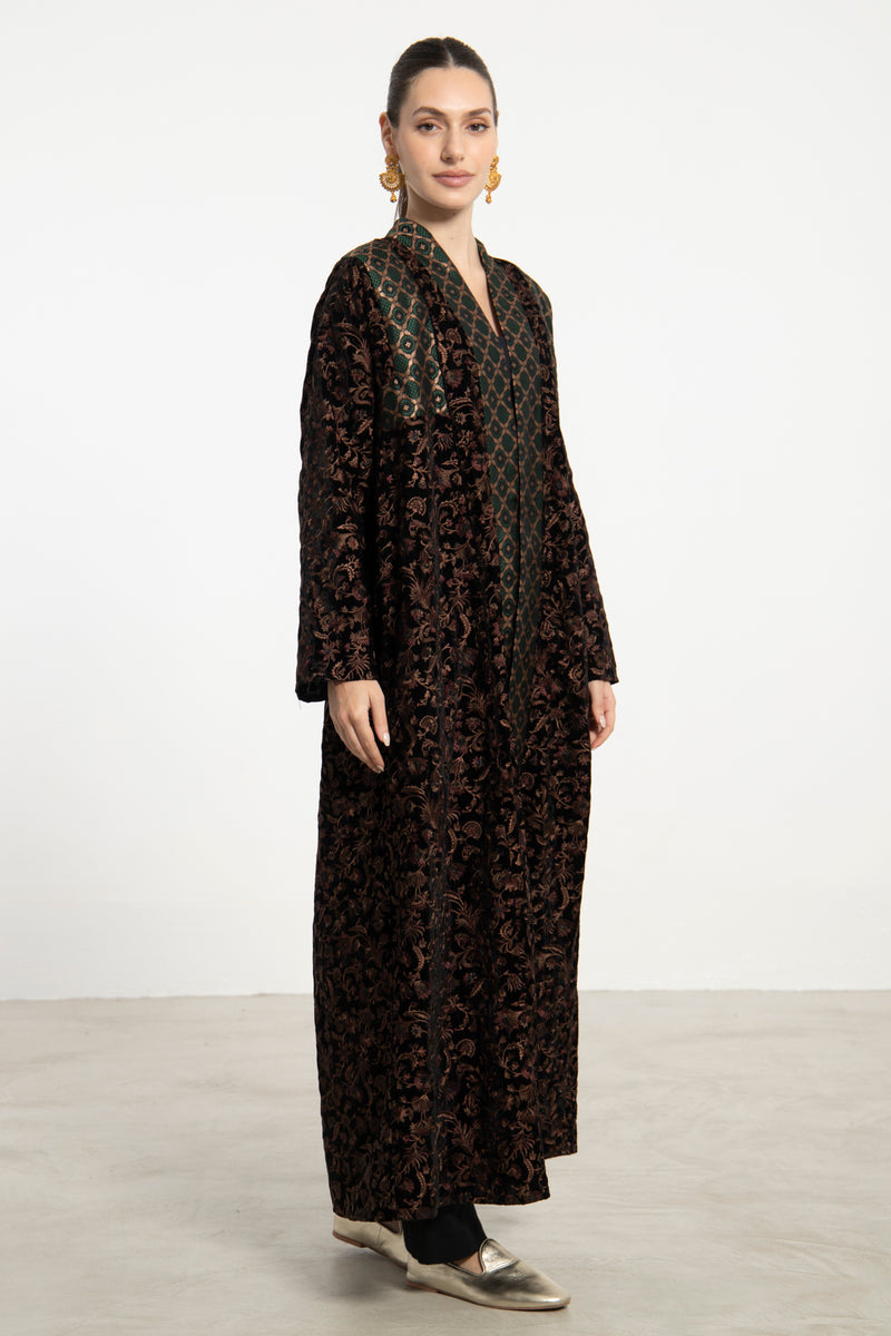 Rim Embroidered Velvet & Silk Brocade Abaya
