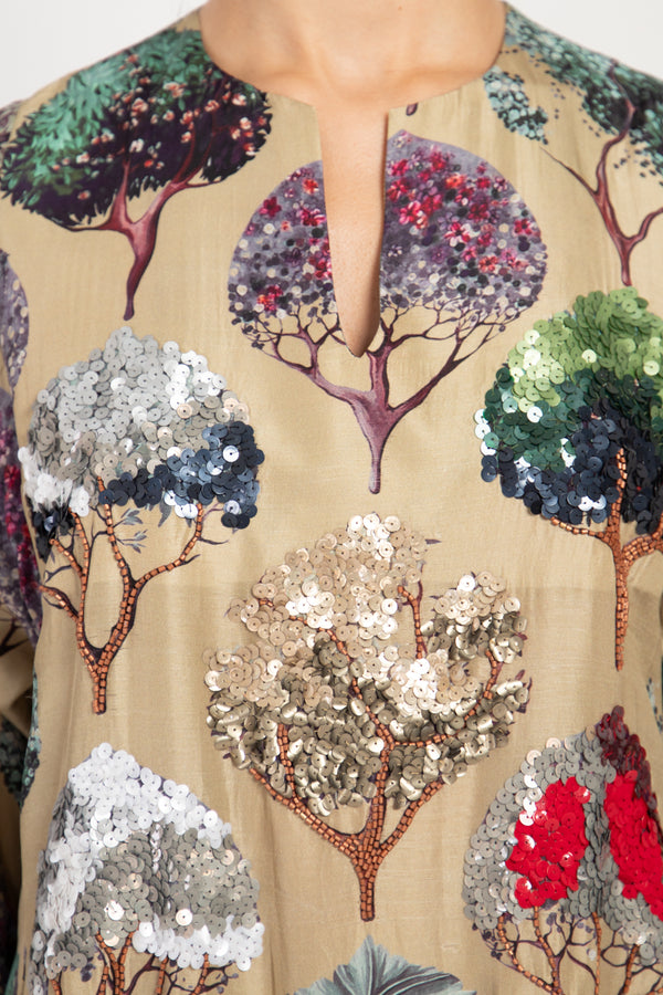 Fajer Silk Embroidered Gold And Beige Printed Trees Dress