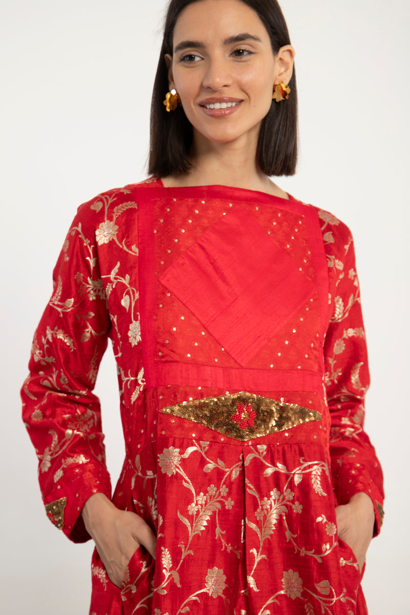 Rayssa Silk Sequins Embroidered Red Dress