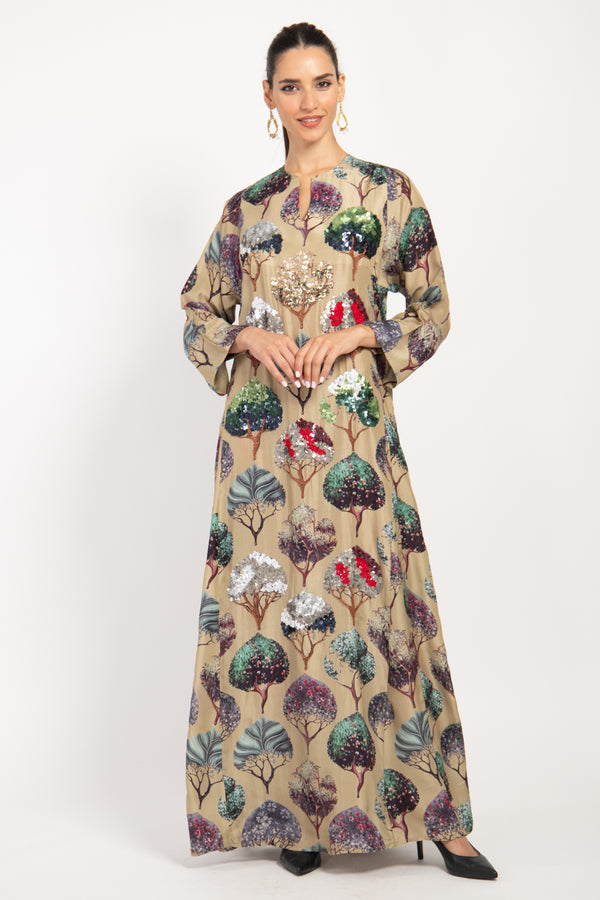 Fajer Silk Embroidered Gold And Beige Printed Trees Dress