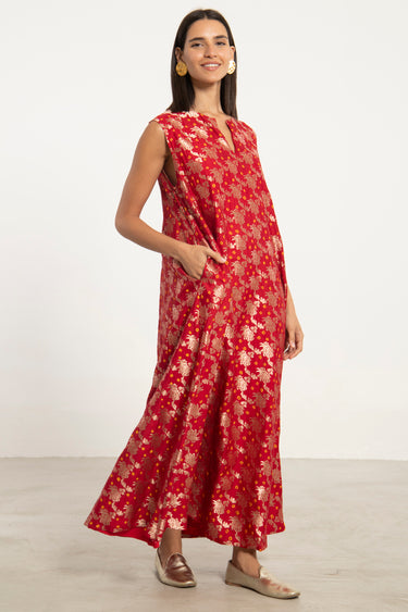 Rabiaa Silk Brocade Red Dress