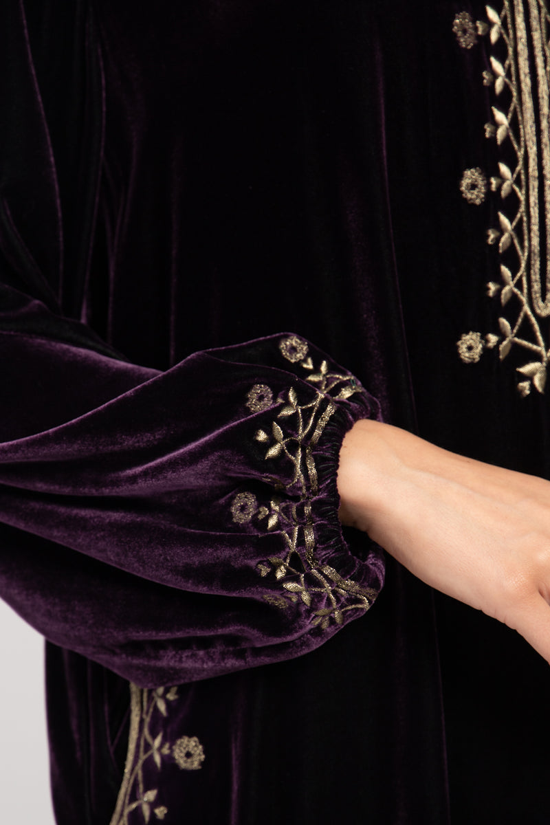 Hayat Velvet Embroidered Purple With Gold Dress