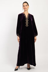 Hayat Velvet Embroidered Purple With Gold Dress