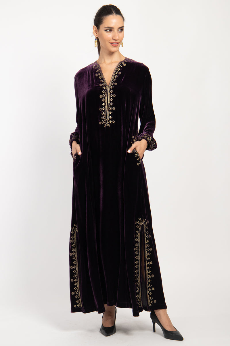 Hayat Velvet Embroidered Purple With Gold Dress