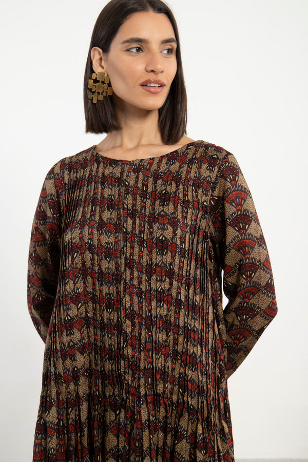 Lea Cotton Printed Brown Dress
