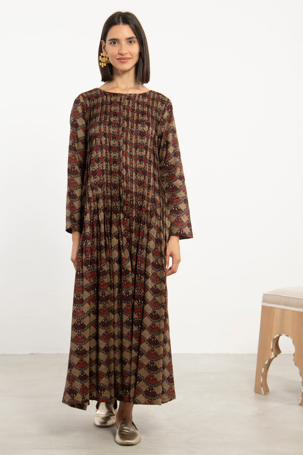 Lea Cotton Printed Brown Dress