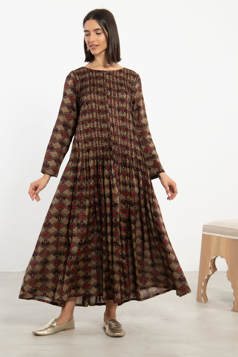 Lea Cotton Printed Brown Dress