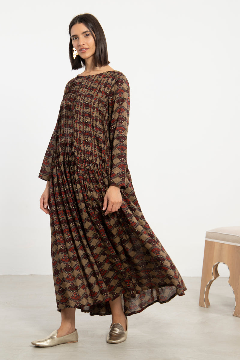 Lea Cotton Printed Brown Dress