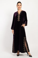 Hayat Velvet Embroidered Purple With Gold Dress