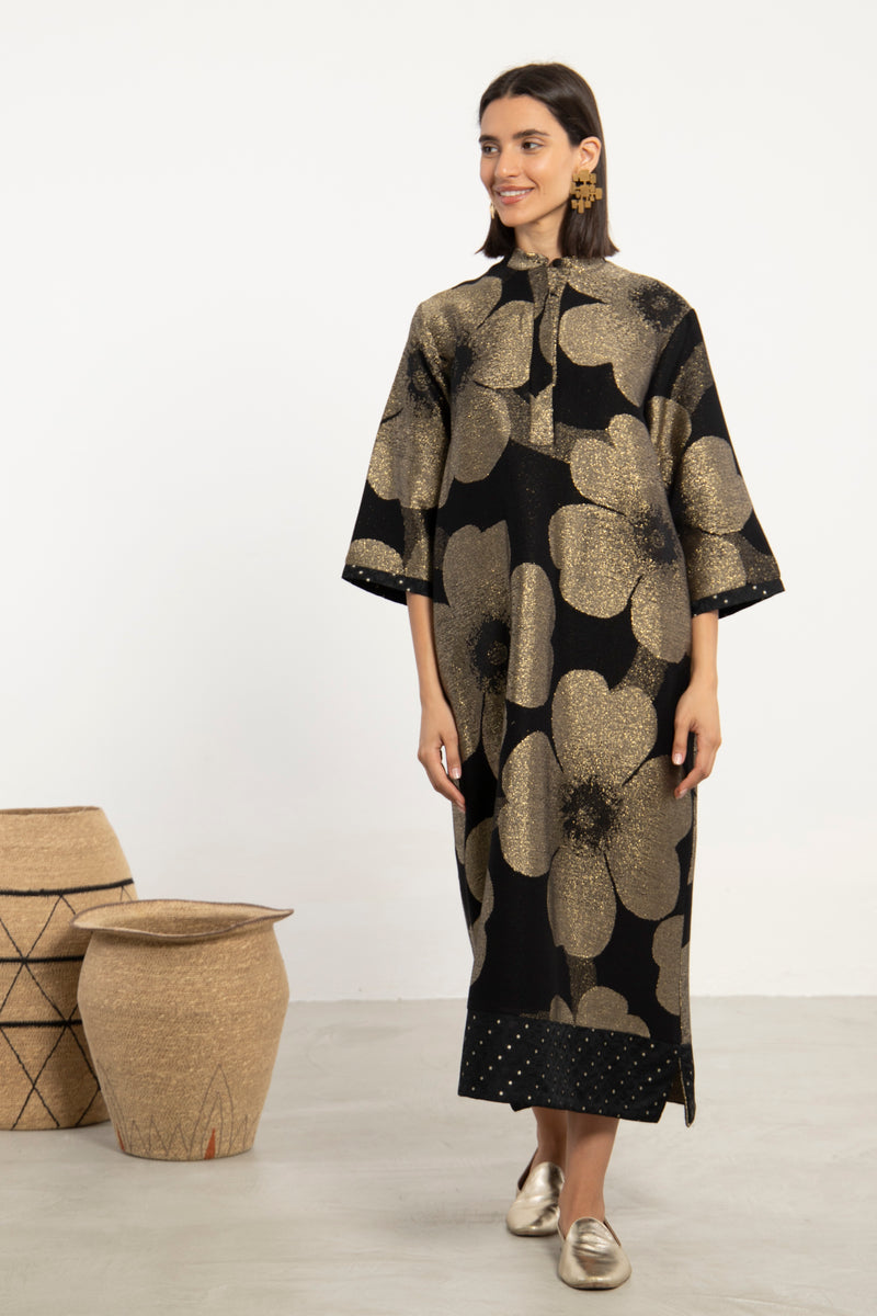 Anissa Cotton Jacquard Black & Gold Dress