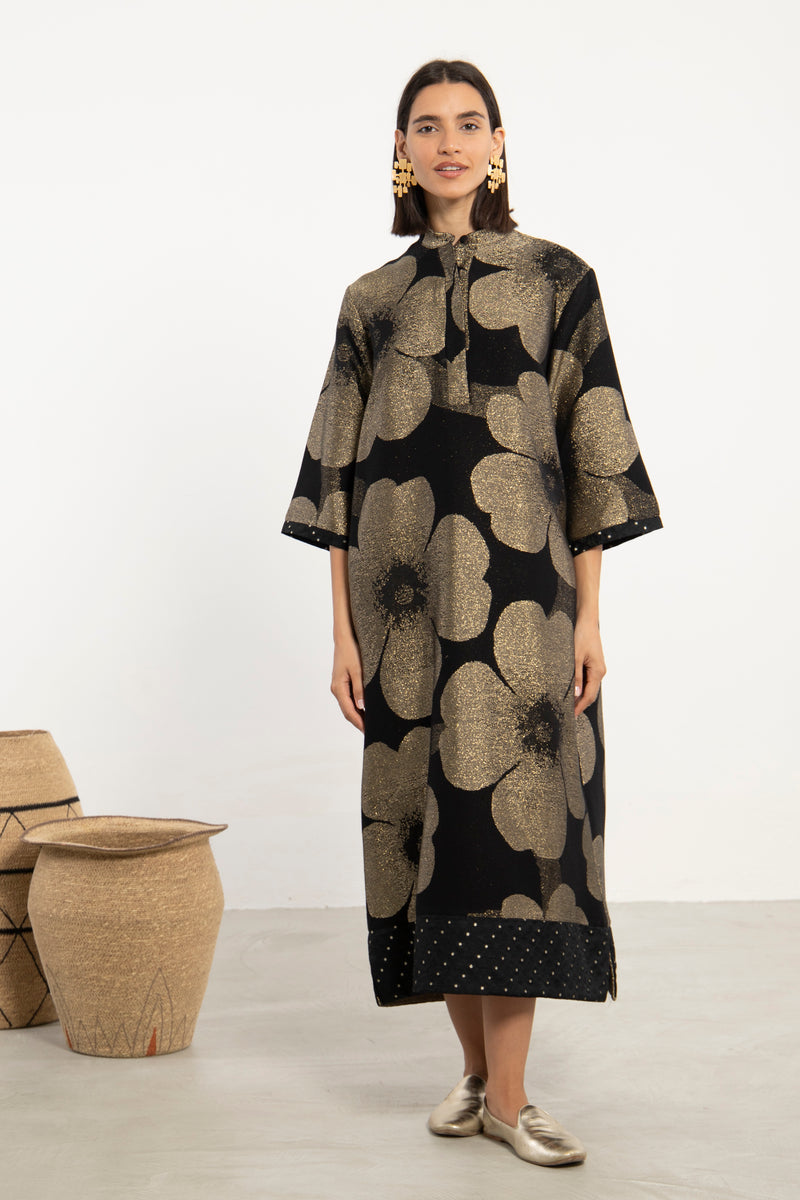 Anissa Cotton Jacquard Black & Gold Dress