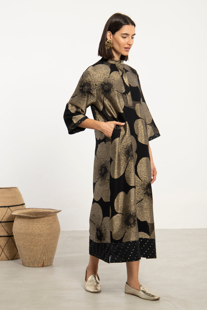Anissa Cotton Jacquard Black & Gold Dress