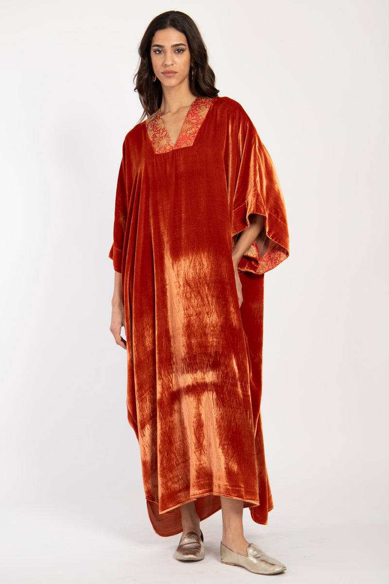 Adan Silk Velvet Rust Kaftan