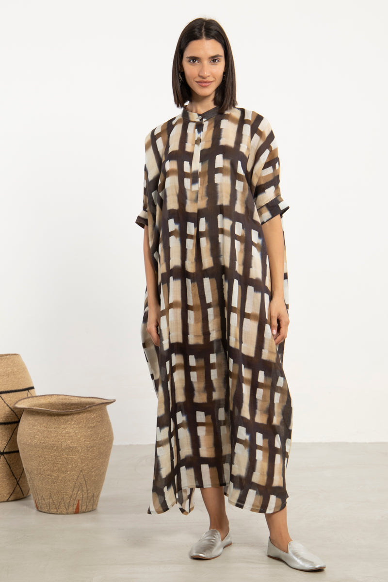 Helen Linen Brown Geometric Dress