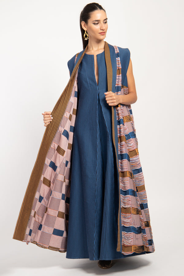 Rim Striped Mustard & Blue Sleeveless Abaya