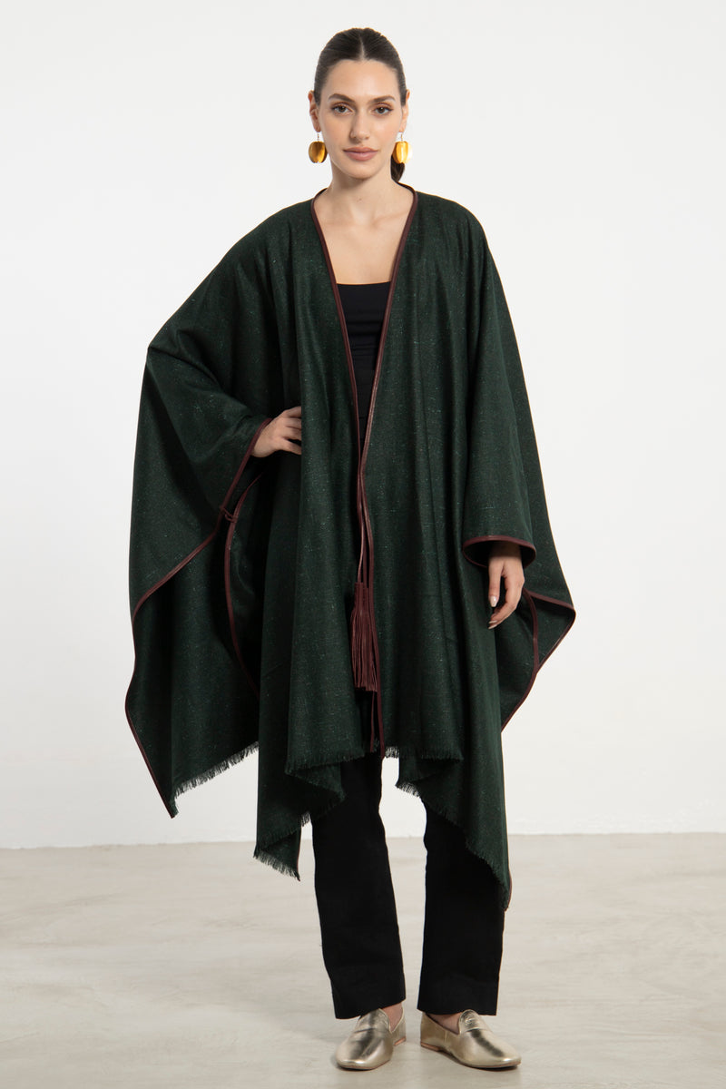Dark Green Wool & Cashmere Leather Poncho