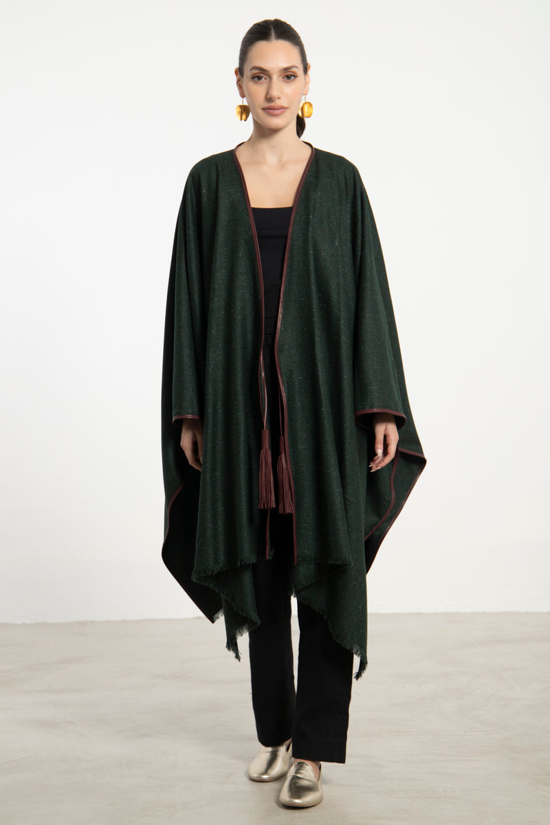 Dark Green Wool & Cashmere Leather Poncho
