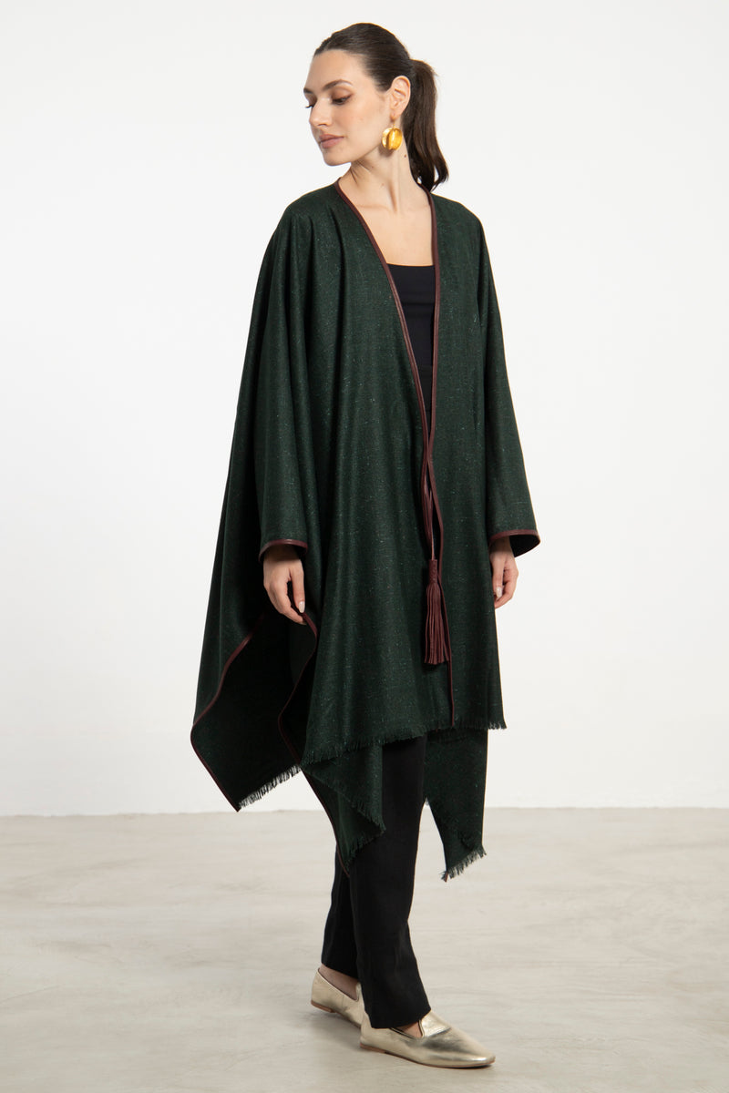 Dark Green Wool & Cashmere Leather Poncho