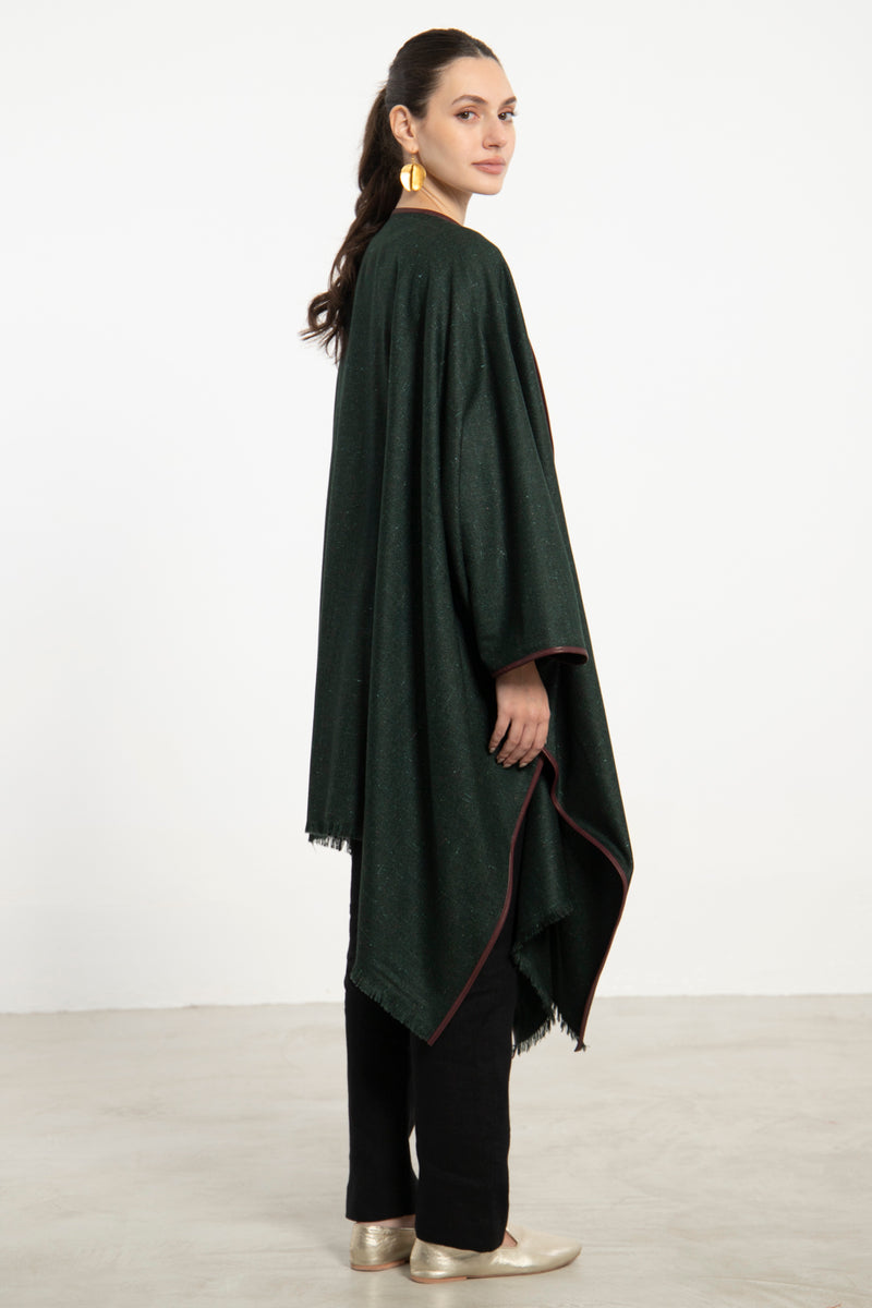 Dark Green Wool & Cashmere Leather Poncho