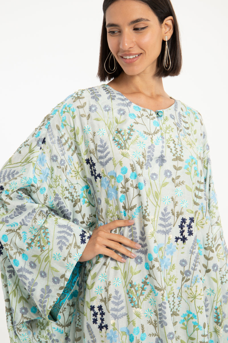 Asmahan Silk Light Blue Embroidered Kaftan