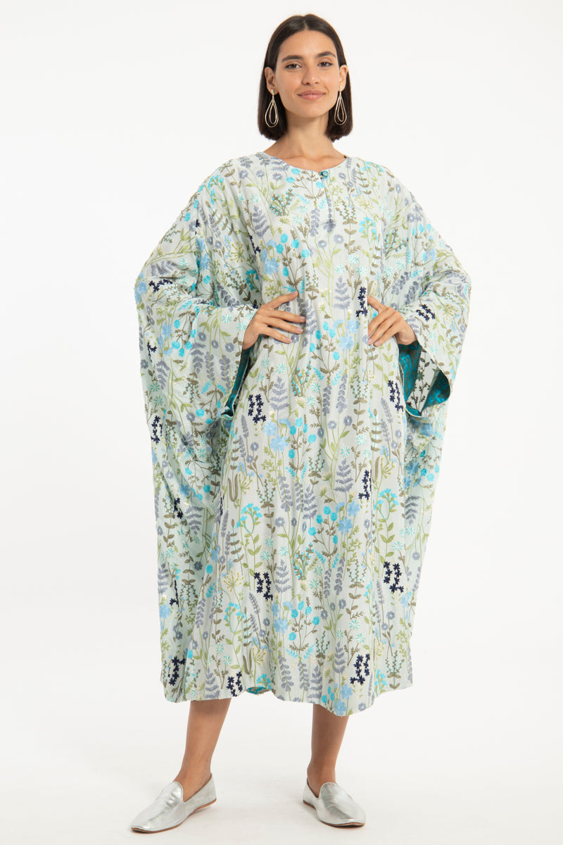 Asmahan Silk Light Blue Embroidered Kaftan