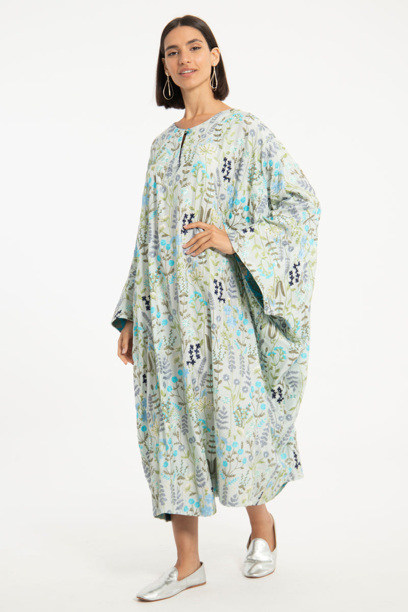 Asmahan Silk Light Blue Embroidered Kaftan