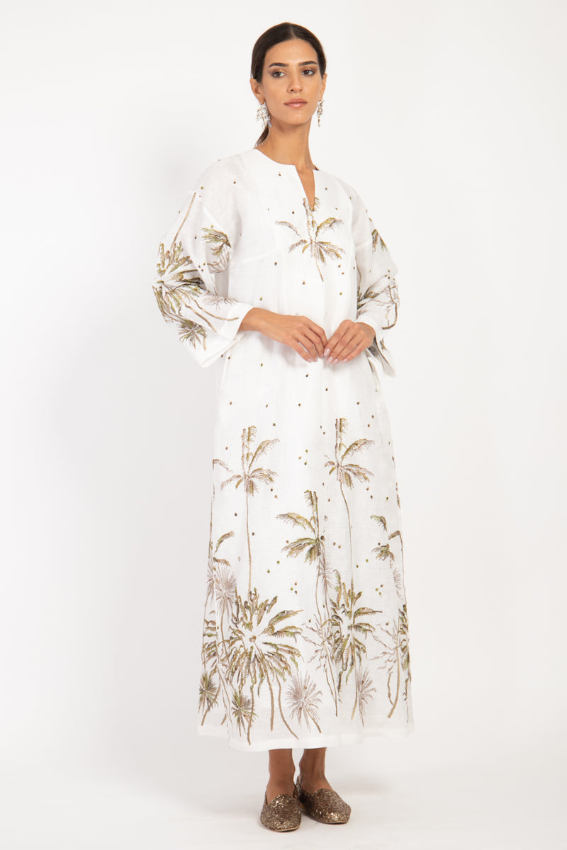 Shirine Linen Embroidered White Palms Kaftan