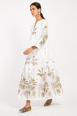 Shirine Linen Embroidered White Palms Kaftan